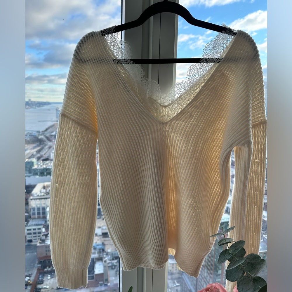 MAJE Lace trimmed V neck sweater and v back , cream white, size 1